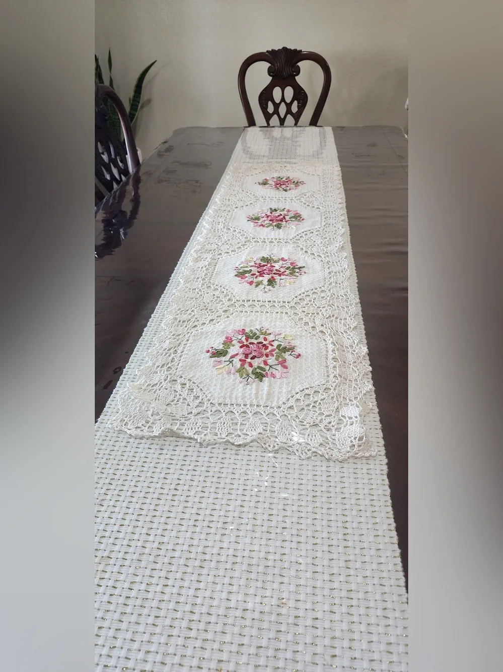 Mexican Artisanal Handmade Crochet Lace Table Runner Floral Ribbon Embroidered.